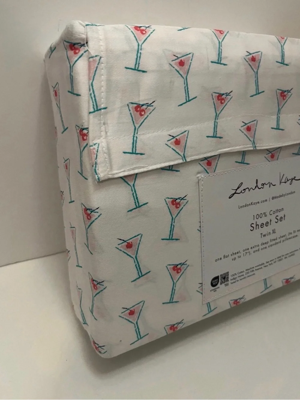 London Kaye Twin XL Size Cotton Sheet Set Martini Glasses Print White Pink Green